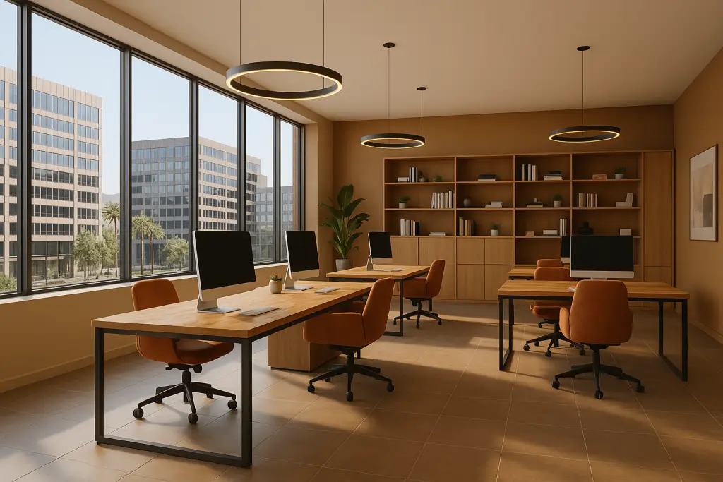 Modern office interior in Phoenix with floor-to-ceiling windows, ergonomic furniture, and city skyline views—ideal example of commercial remodeling Phoenix by Drill Renovations.