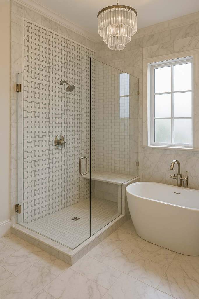 Tile Bathroom Remodels Scottsdale - basketweave tile shower pattern, new window installation and freestanding tub by Drill Renovations