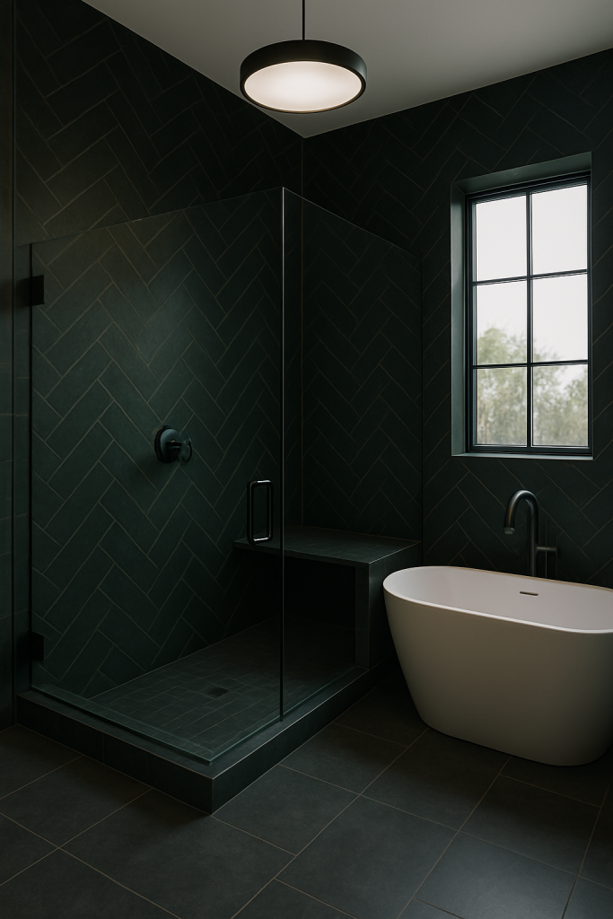 Modern Scottsdale bathroom renovation with a walk-in shower and freestanding tub, featuring dark grey diagonal tile pattern, matte black fixtures, and minimalist design elements with natural light from a large window.