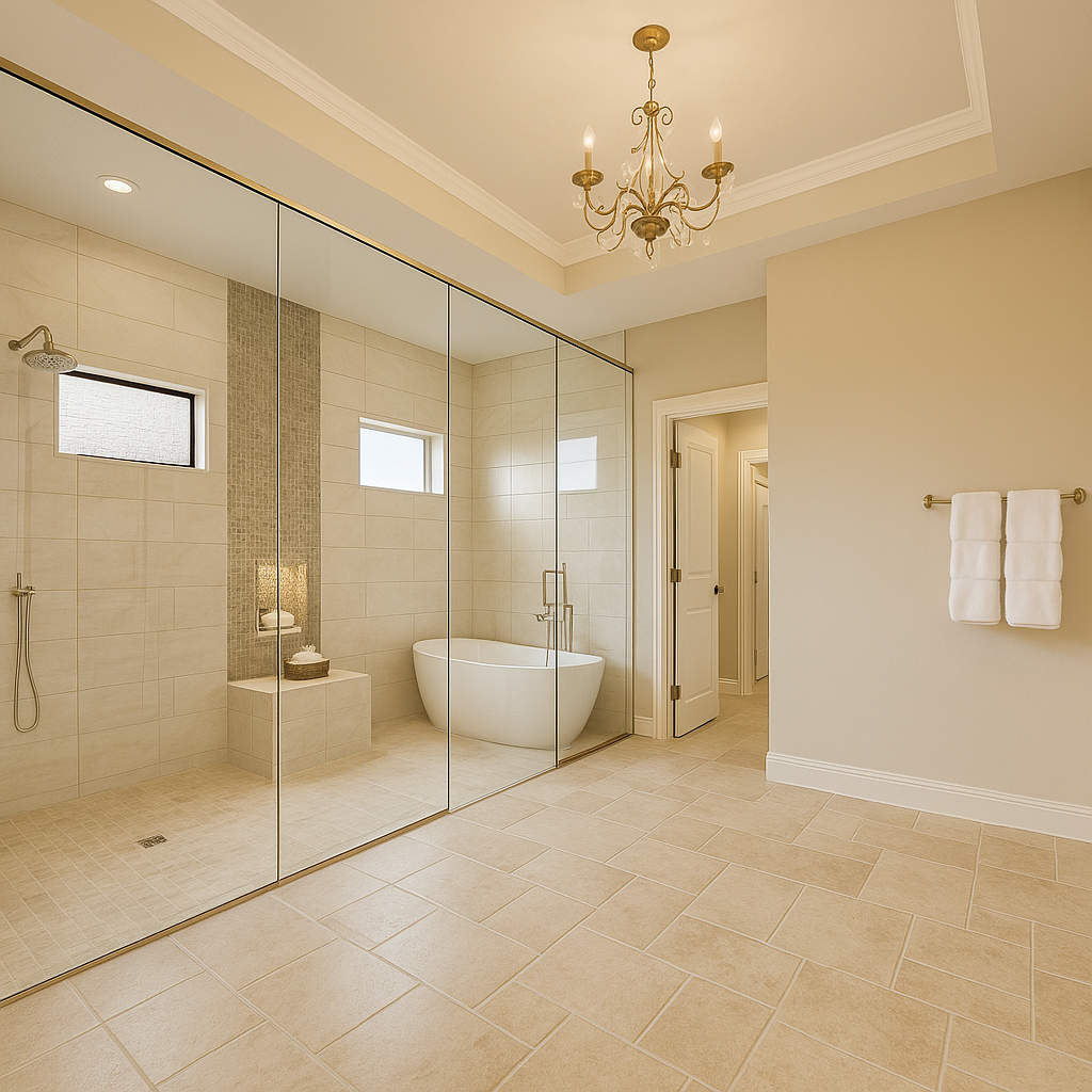 Elegant, spacious Phoenix luxury bathroom renovation with a tan and white color scheme, featuring a large glass-enclosed walk-in shower, freestanding white bathtub, chandelier lighting, and a Versailles-pattern tile floor.