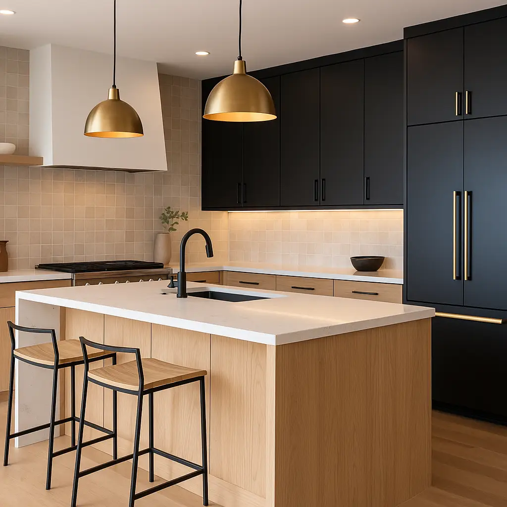 Modern Scottsdale kitchen featuring a large light oak island with waterfall quartz countertop, matte black sink and fixtures, black upper cabinets with brass hardware, neutral tile backsplash, and brushed brass pendant lights.