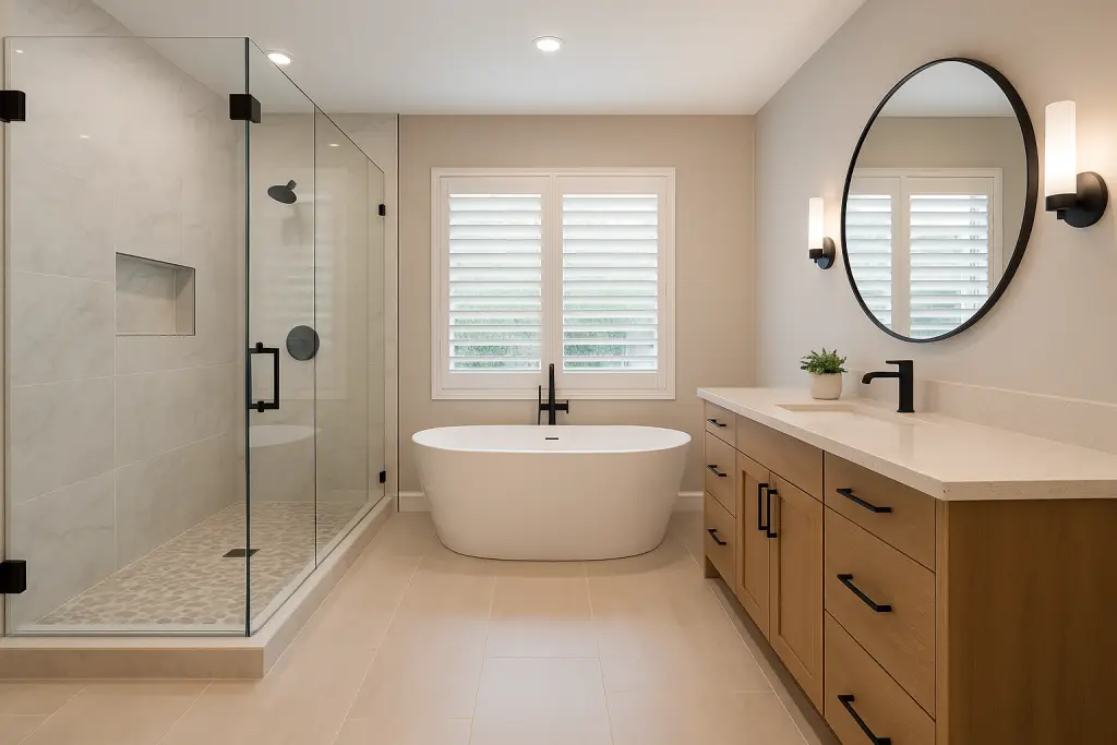 High-end bathroom featuring a frameless glass shower, freestanding soaking tub, custom wood vanity with quartz countertop, and modern black fixtures, designed in a neutral color palette with natural light streaming through shuttered windows.