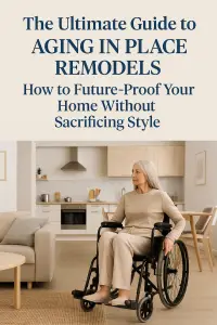 A modern aging-in-place blog graphic featuring an elegant older woman in a wheelchair seated in a stylish, open-concept kitchen and living area. The text overlay reads: “The Ultimate Guide to Aging in Place Remodels – How to Future-Proof Your Home Without Sacrificing Style.”