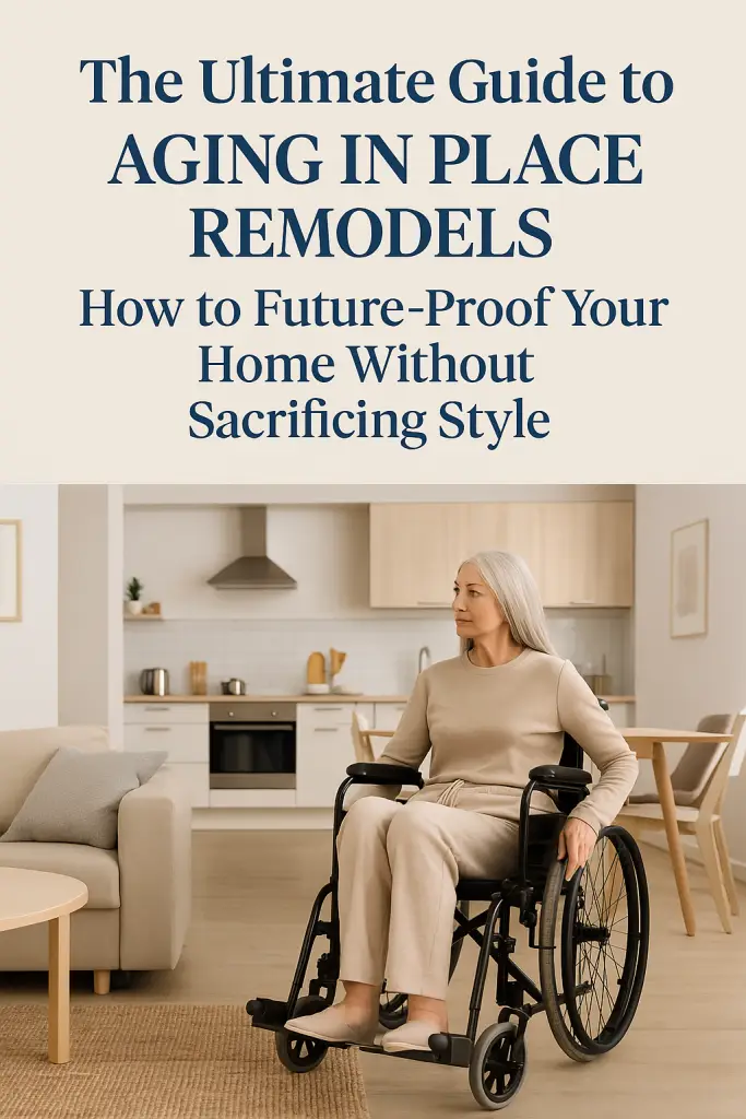 A modern aging-in-place blog graphic featuring an elegant older woman in a wheelchair seated in a stylish, open-concept kitchen and living area. The text overlay reads: “The Ultimate Guide to Aging in Place Remodels – How to Future-Proof Your Home Without Sacrificing Style.”
