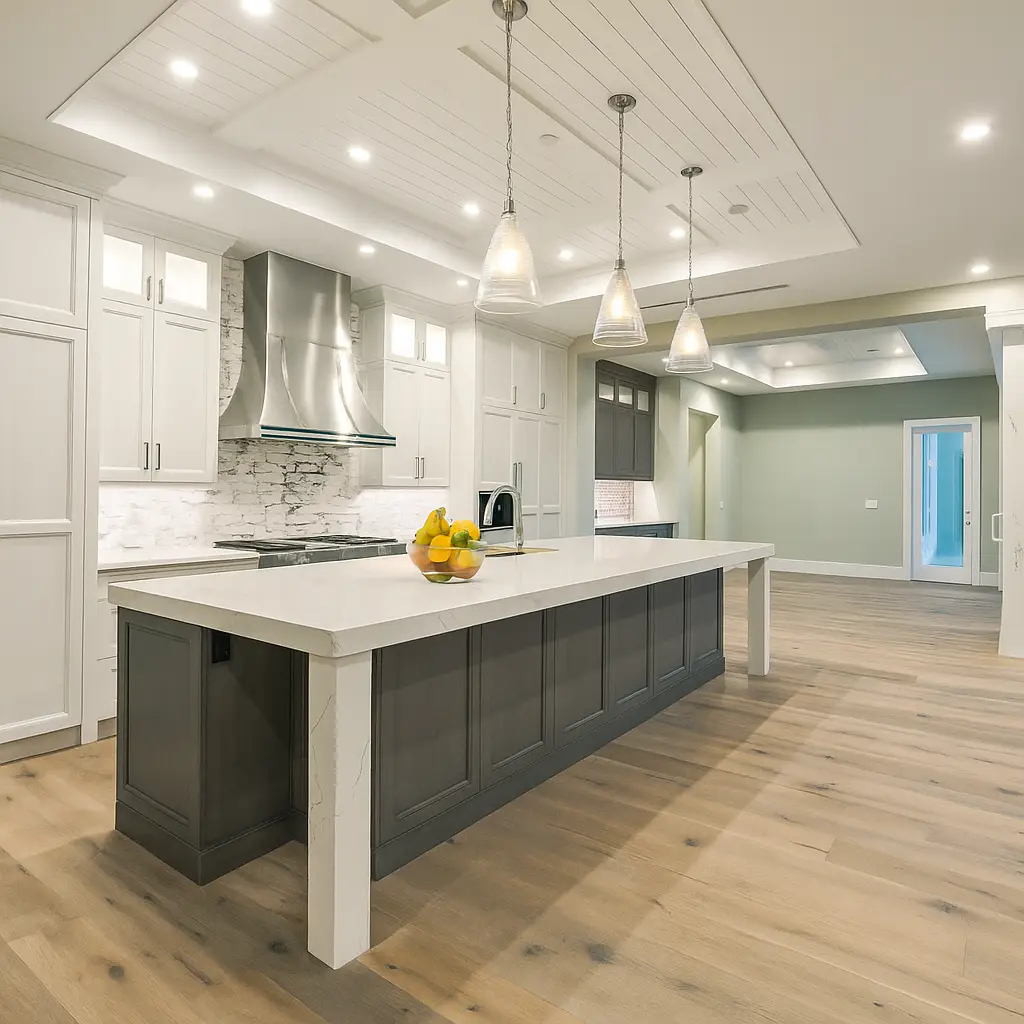 Modern kitchen with a large marble island, pendant lighting, and a bowl of fresh fruit on the counter