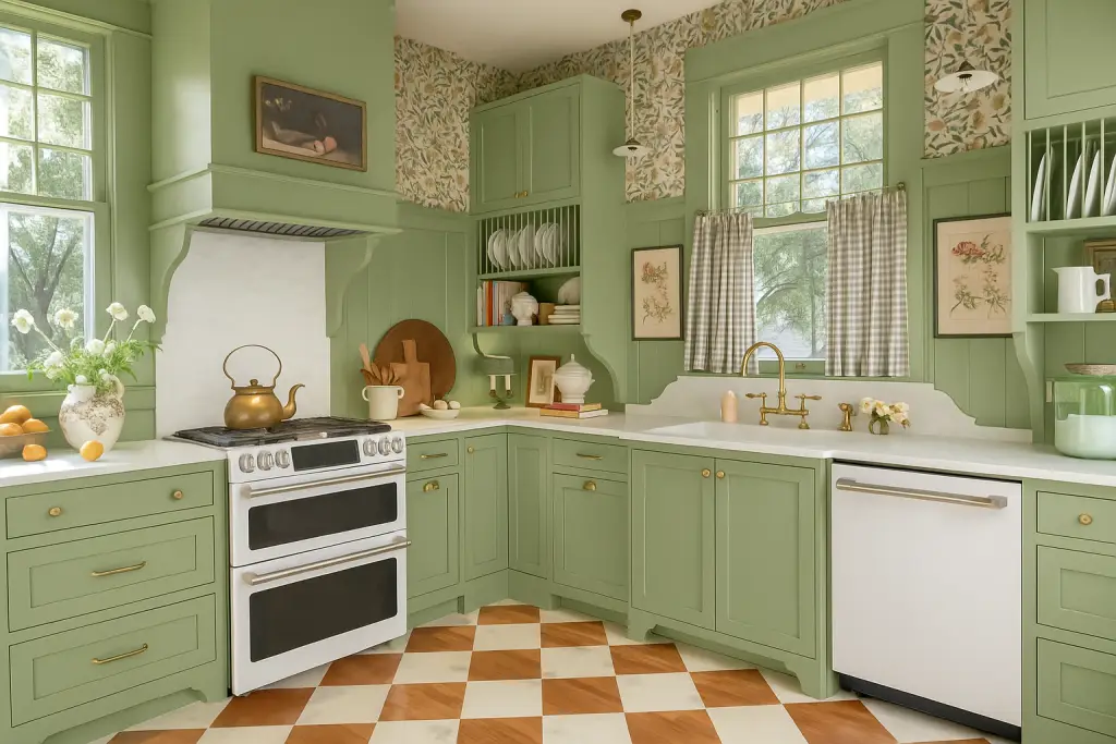 Traditional kitchen with sage green cabinetry, checkered terracotta and cream floor, white countertops, and floral wallpaper