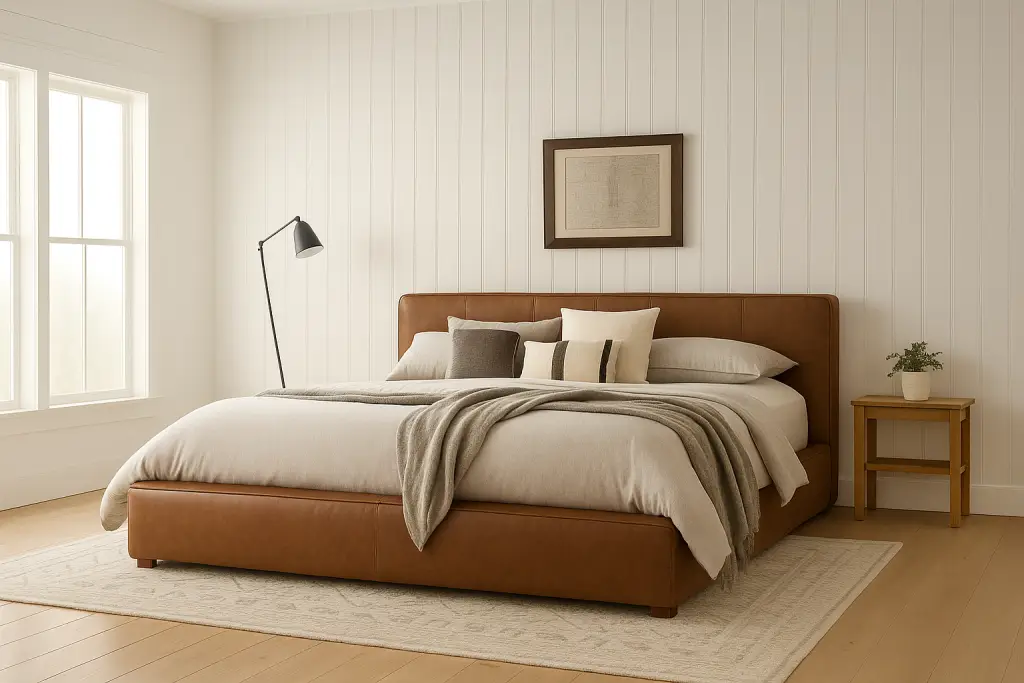 Modern bedroom with a cognac leather platform bed, neutral bedding, and shiplap walls