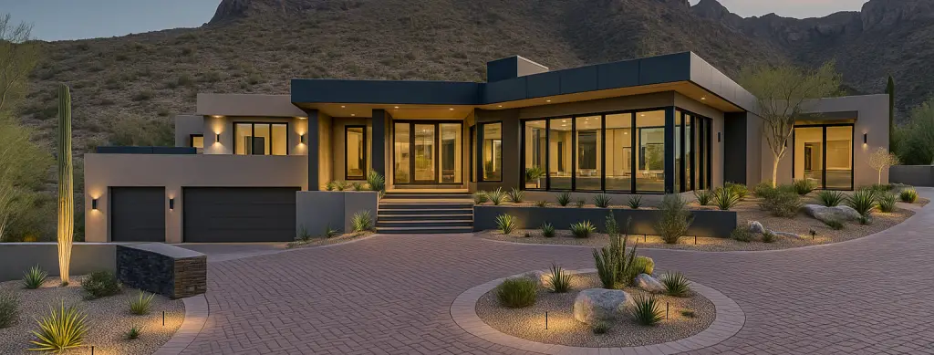 Modern desert home with large windows, flat rooflines, and mountain backdrop at sunset