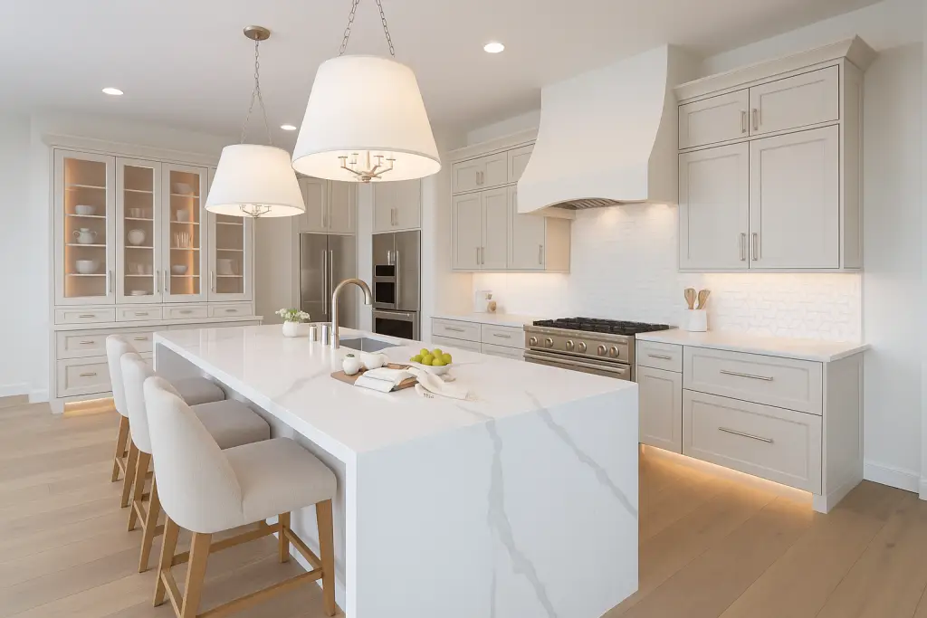A beautifully lit scottsdale kitchen with marble countertops and under cabinet lighting