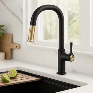 Scottsdale kitchen showcasing matte black and brushed brass fixtures