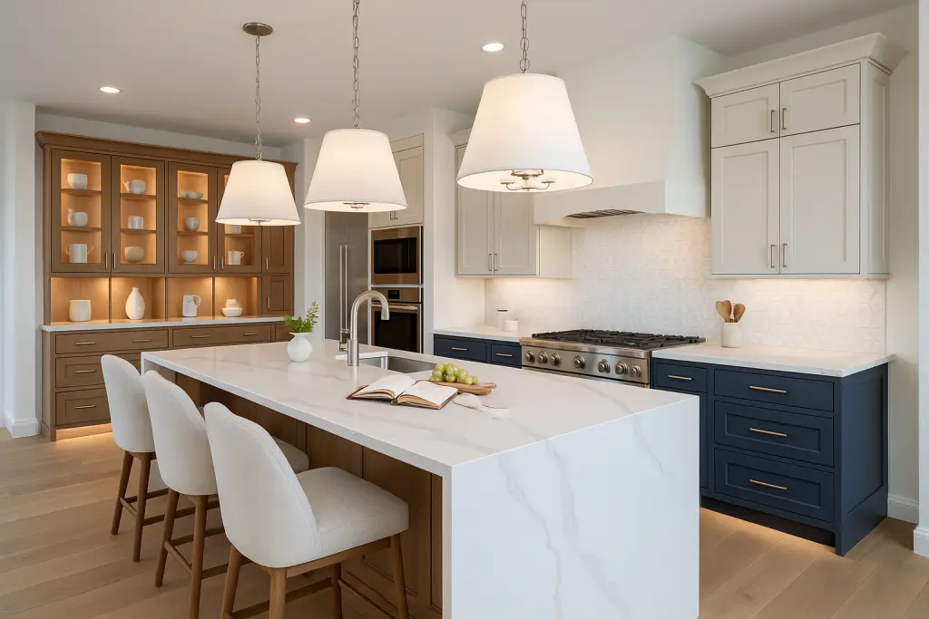 A high-end kitchen featuring two-tone cabinetry with upper cabinets in soft white and lower cabinets in navy blue. The large center island has a waterfall-edge white marble countertop with subtle veining, and a warm wood base. Three upholstered barstools line the island. Backlit wooden display cabinets, modern pendant lights, and stainless steel appliances complete the elegant and functional space.