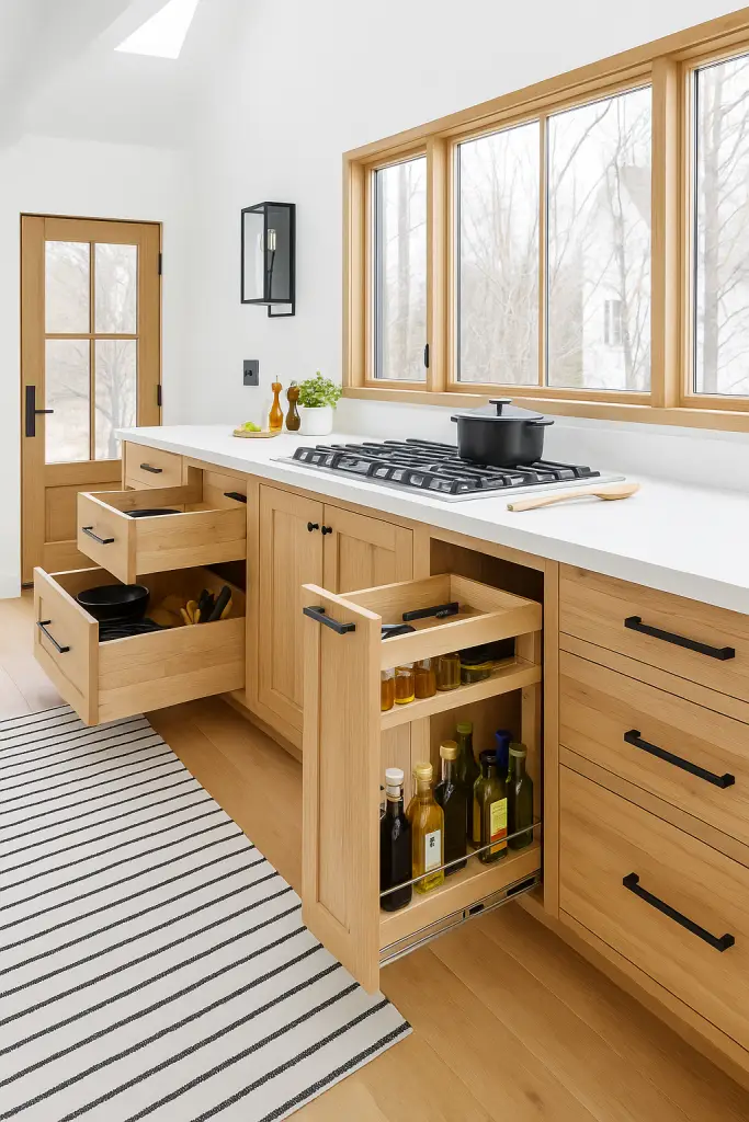 A modern kitchen featuring light wood cabinetry with black hardware, deep drawer organizers, and a white quartz countertop. Several drawers are open, revealing organized storage for cookware, utensils, and spices. A slim pull-out spice rack holds bottles of oil and seasonings. Natural light streams through large wood-framed windows above the stove, highlighting the clean, minimalist design and functional layout.