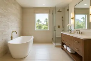Luxury spa bathroom in Paradise Valley with freestanding tub, glass walk-in shower, and wood vanity.