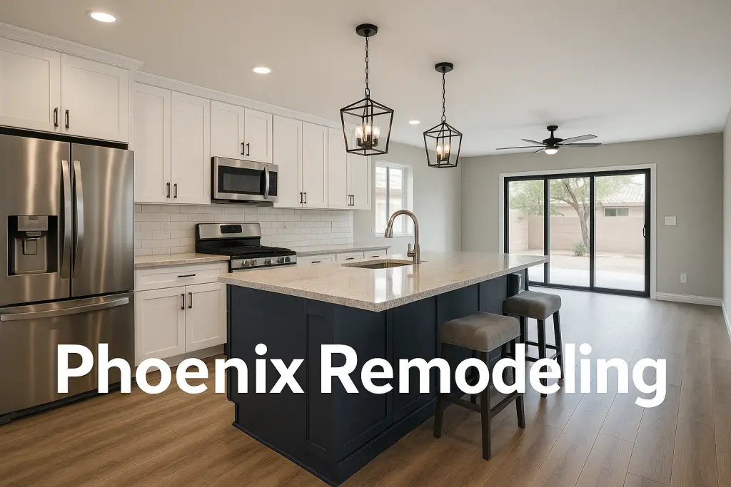 Modern remodeled Phoenix kitchen with white cabinets, navy island, and wood-look flooring