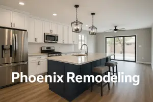 Modern remodeled Phoenix kitchen with white cabinets, navy island, and wood-look flooring