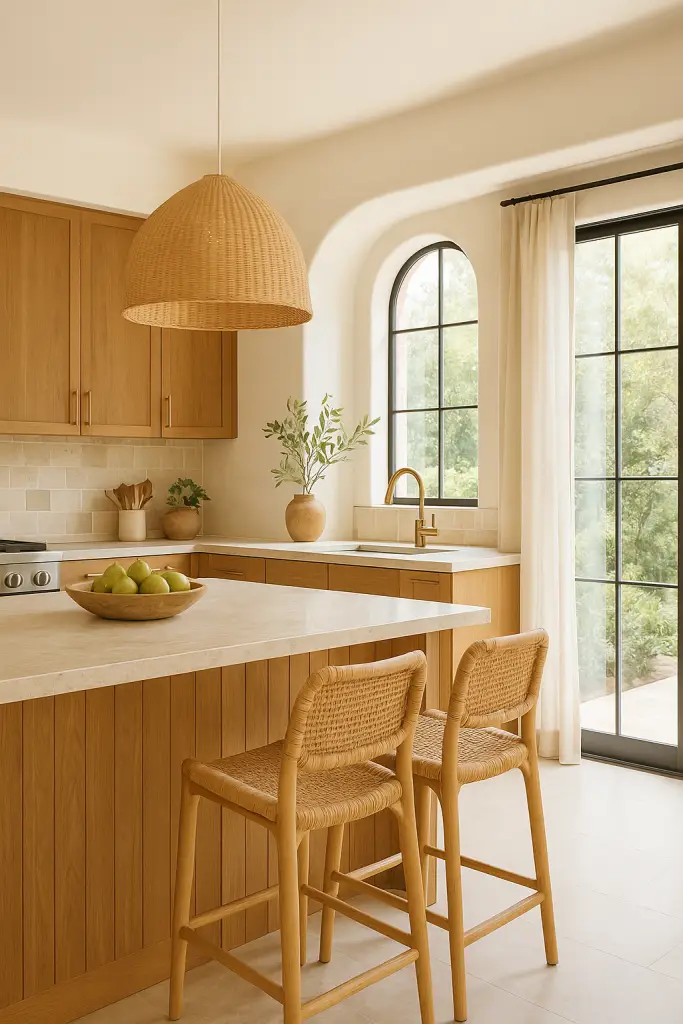 Bright, modern Queen Creek kitchen featuring natural wood cabinets, stone countertops, and warm desert lighting with a view of outdoor cacti.