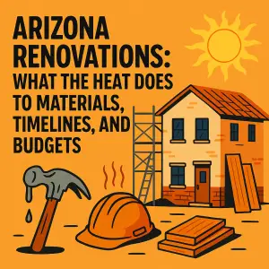 Arizona home renovation under extreme desert heat, featuring a two-story house under construction, melting hammer, scaffolding, and blazing sun, symbolizing material, timeline, and budget challenges during remodels.