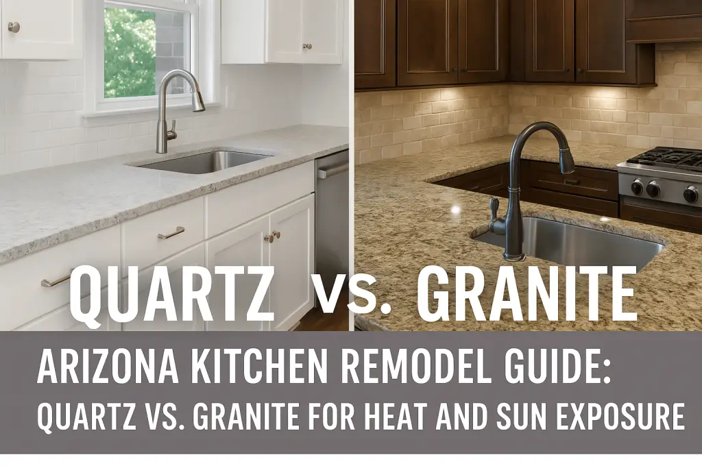 Side-by-side kitchen remodel comparison featuring quartz countertop on the left and granite countertop on the right in Arizona home.