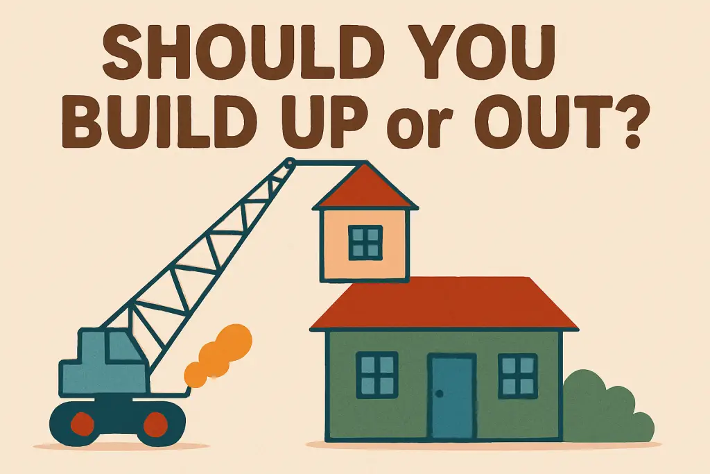 Illustration of a construction crane on the left lifting a small house section onto the roof of a larger house on the right, with the text 'Should You Build Up or Out?' in a retro, quirky design style.