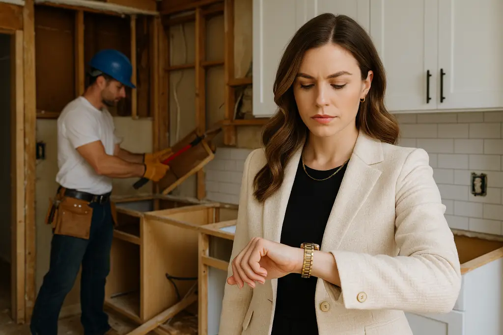 A well-dressed woman in a beige blazer glances at her gold wristwatch while standing in a partially demolished kitchen, with a construction worker removing old cabinets in the background.
