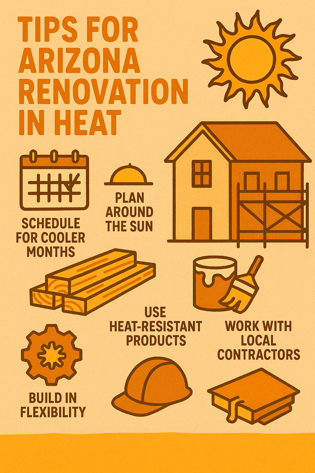 Infographic with quirky, colorful illustrations showing six professional tips for successful home renovations in Arizona’s extreme heat, including timing, shading materials, heat-resistant finishes, and working with local experts.