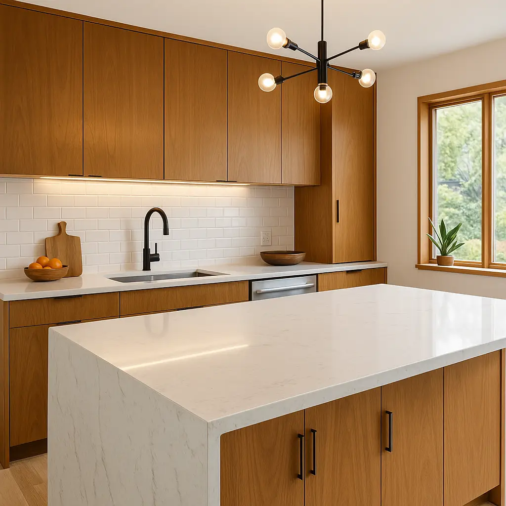Mid-century modern kitchen with a sleek white quartz countertop, wood cabinetry, and minimalist décor in a bright Arizona home.