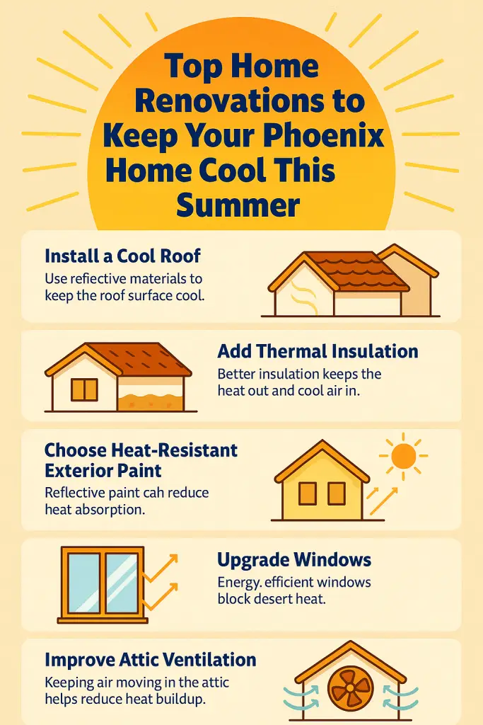 Infographic showing top Phoenix home renovations to stay cool in summer, including cool roof materials, energy-efficient windows, improved insulation, solar screens, reflective exterior paint, shade landscaping, and AC upgrades for Arizona homes.