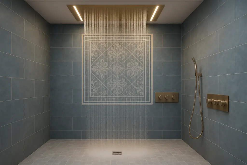 Luxury Arcadia shower remodel with rainfall showerhead, brushed gold fixtures, mosaic tile accent, and floor drain.