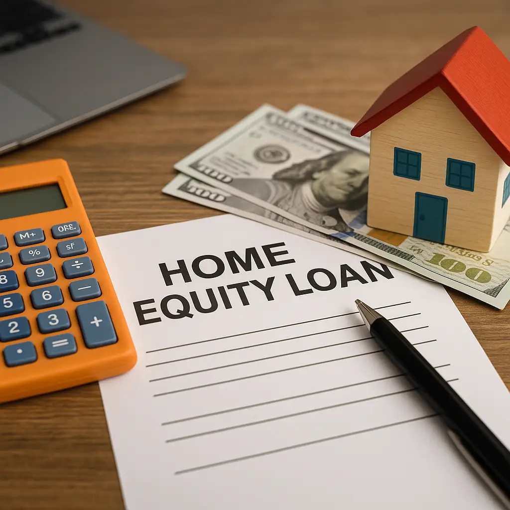 Home equity loan paperwork with calculator, money, and small model house on a desk.