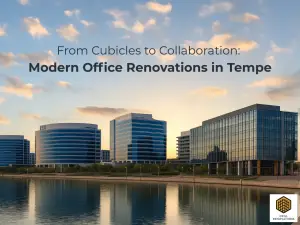 Modern Tempe office buildings along Tempe Town Lake at sunset, featuring glass and steel architecture and reflected light on the water — example of local commercial renovation projects by Drill Renovations.