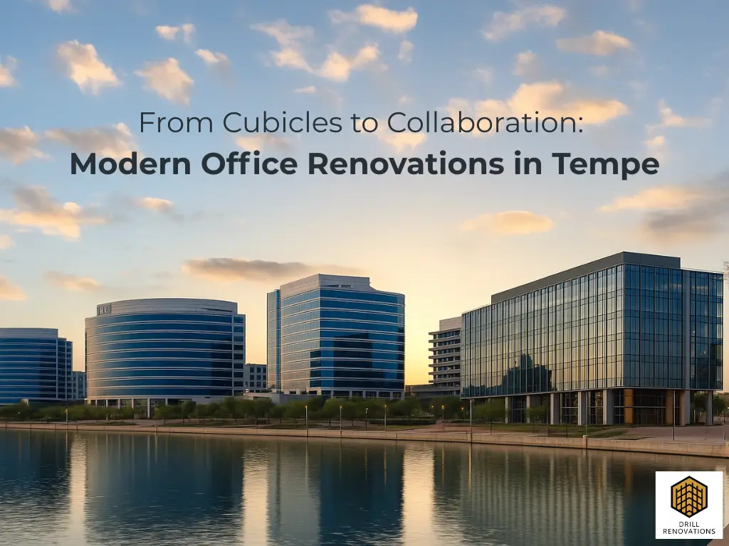 Modern Tempe office buildings along Tempe Town Lake at sunset, featuring glass and steel architecture and reflected light on the water — example of local commercial renovation projects by Drill Renovations.