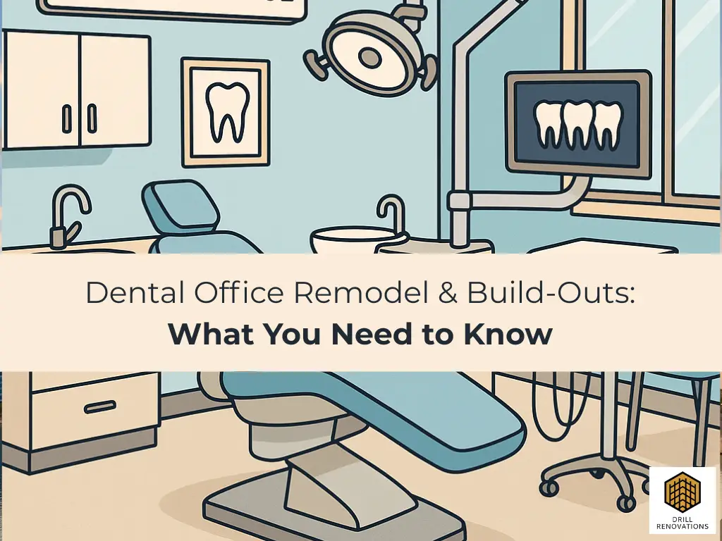 2D cartoon-style illustration of a modern dental office with a blue dental chair, sink, wall cabinets, and dental equipment, all arranged neatly in a clean, bright room with a window and monitor showing a tooth diagram.