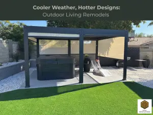 Modern Arcadia backyard remodel featuring a covered pergola with a spa, lounge chair, and artificial turf. Renovation by Drill renovations