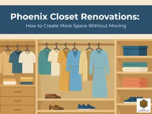 2D illustration of a neatly organized modern closet with built-in shelving, hanging rods, folded clothes, and shoes, featuring the title “Phoenix Closet Renovations: How to Create More Space Without Moving” and the Drill Renovations logo.