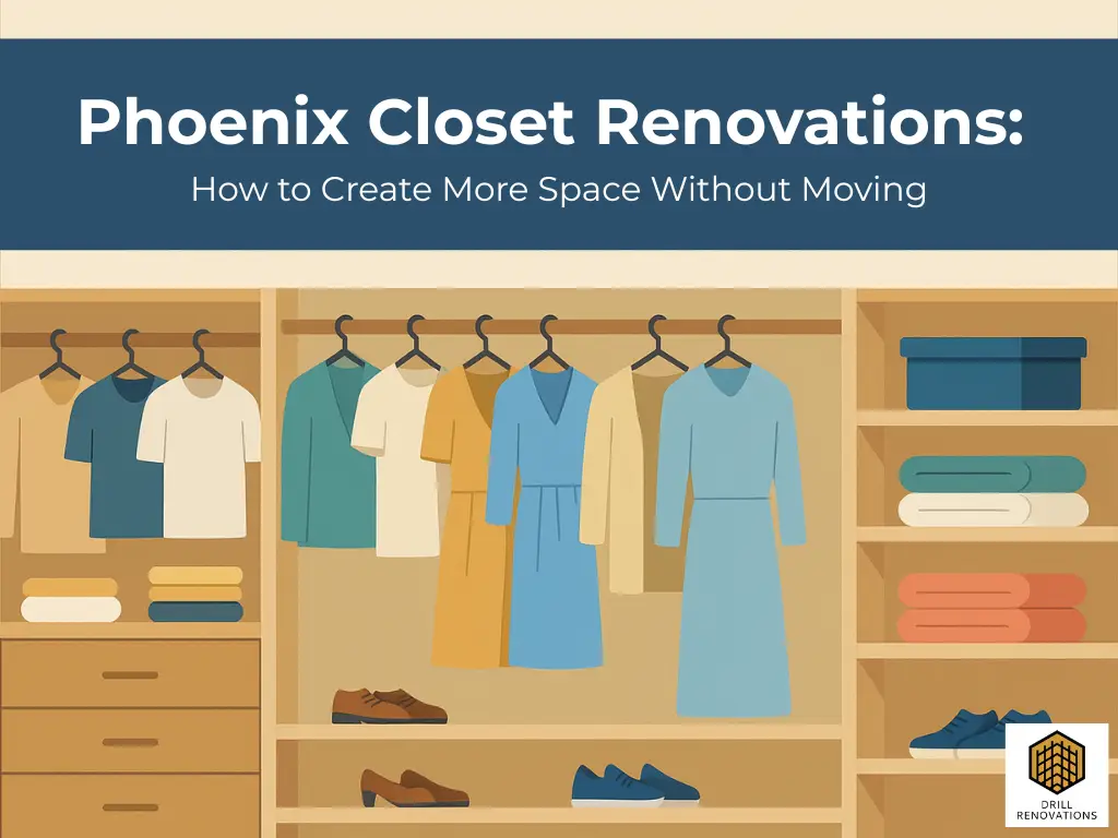 2D illustration of a neatly organized modern closet with built-in shelving, hanging rods, folded clothes, and shoes, featuring the title “Phoenix Closet Renovations: How to Create More Space Without Moving” and the Drill Renovations logo.