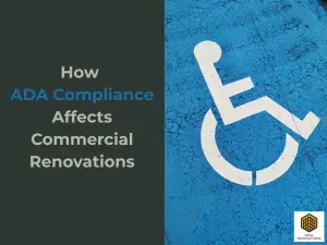 Graphic showing a blue wheelchair accessibility symbol alongside the title How ADA Compliance Affects Commercial Renovations for Drill Renovations.