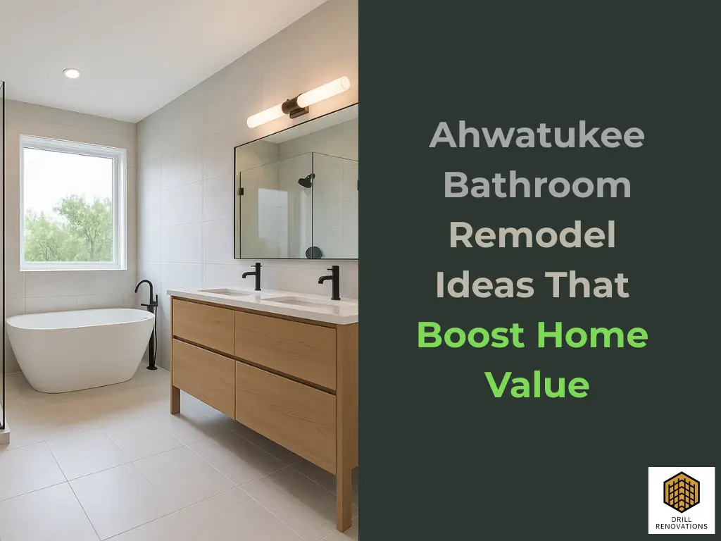 Modern bathroom with walk-in shower, freestanding tub, wood vanity, and black fixtures used as the header image for Ahwatukee bathroom remodel ideas