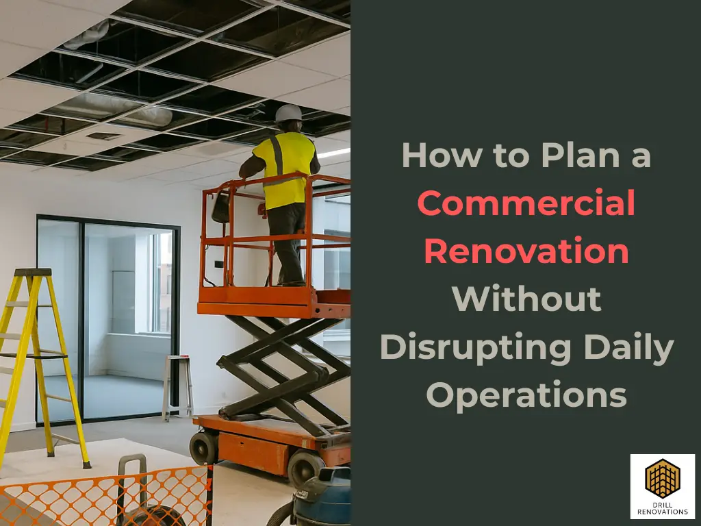 Construction crew working inside a Scottsdale office during a commercial renovation with protective barriers, ladders, and ceiling work in progress.
