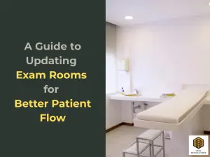 Modern medical exam room with a treatment table, sink, and clean white finishes, used as the header image for a guide on improving patient flow during exam room remodels.
