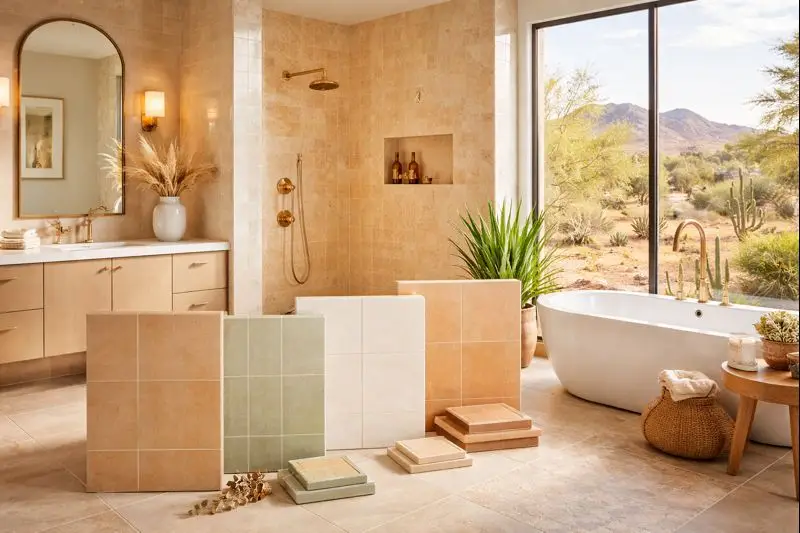 Bathroom with warm neutral tile colors designed to complement Scottsdale’s desert light
