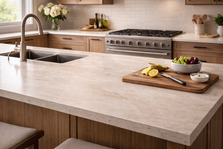 Kitchen countertop with warm, subtle veining designed for long-term durability and everyday use