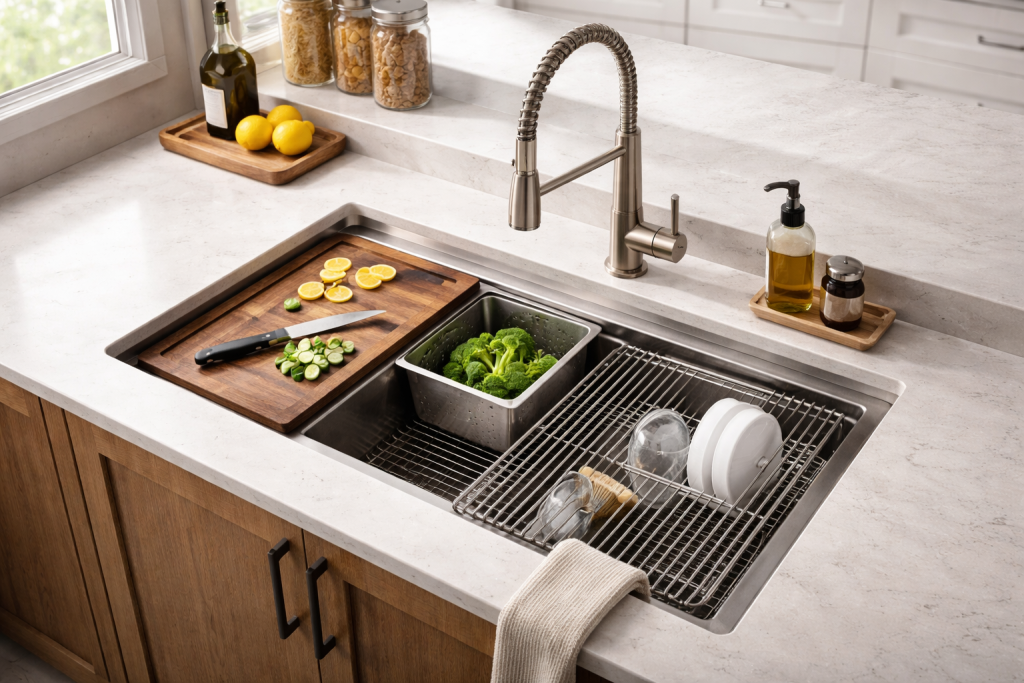 Modern kitchen with a deep single-bowl workstation sink designed for everyday cooking and cleanup