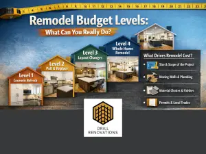 Infographic showing four remodel budget levels from cosmetic refresh to whole home remodel, with photos of kitchens at each level and a sidebar explaining what drives remodel cost, branded with the Drill Renovations logo.