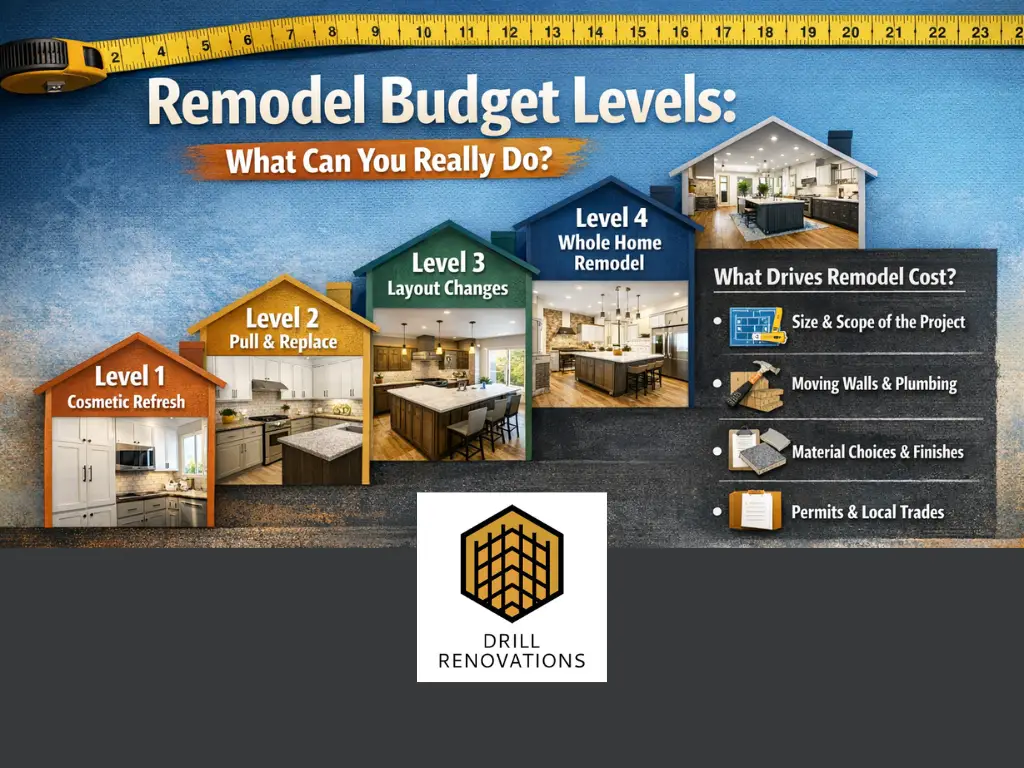 Infographic showing four remodel budget levels from cosmetic refresh to whole home remodel, with photos of kitchens at each level and a sidebar explaining what drives remodel cost, branded with the Drill Renovations logo.