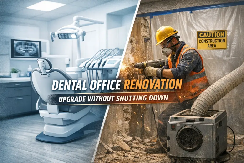 Modern dental office undergoing renovation with dust containment barriers while treatment rooms remain operational