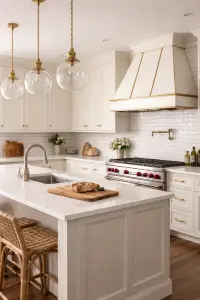 Full height white subway tile backsplash in a timeless kitchen remodel with shaker cabinets, brass hardware, and quartz countertops