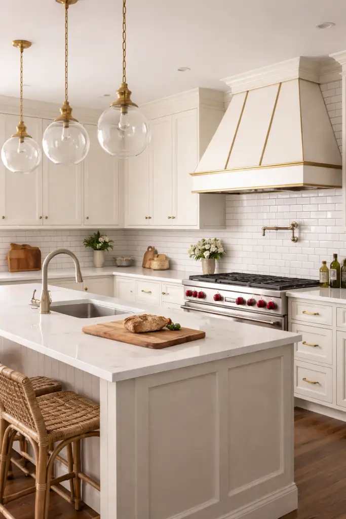 Full height white subway tile backsplash in a timeless kitchen remodel with shaker cabinets, brass hardware, and quartz countertops