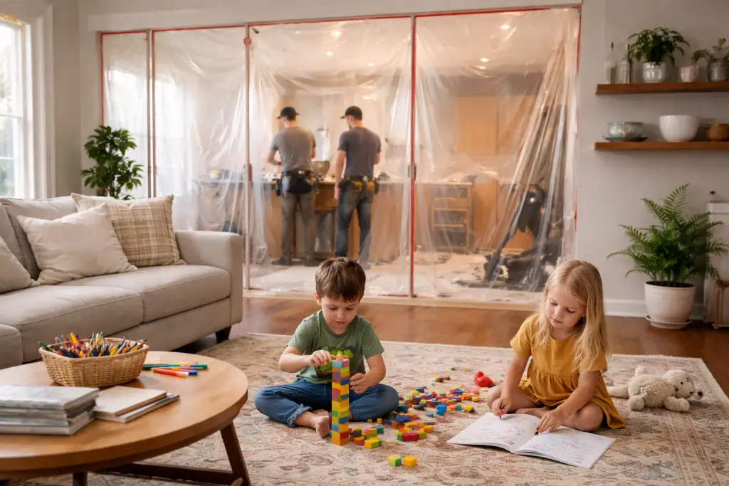 Children playing in a living room during a kitchen remodel with contractor plastic dust barrier separating the open concept space