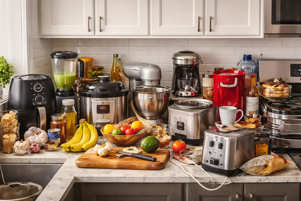 Cluttered kitchen countertop packed with small appliances, including an air fryer, blender, stand mixer, coffee maker, toaster, and slow cookers, leaving almost no clear workspace.