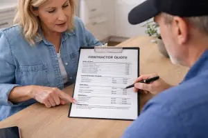 Female homeowner in Phoenix sitting at a kitchen table reviewing a detailed contractor quote with a remodeling contractor, pointing to line items on a clipboard.